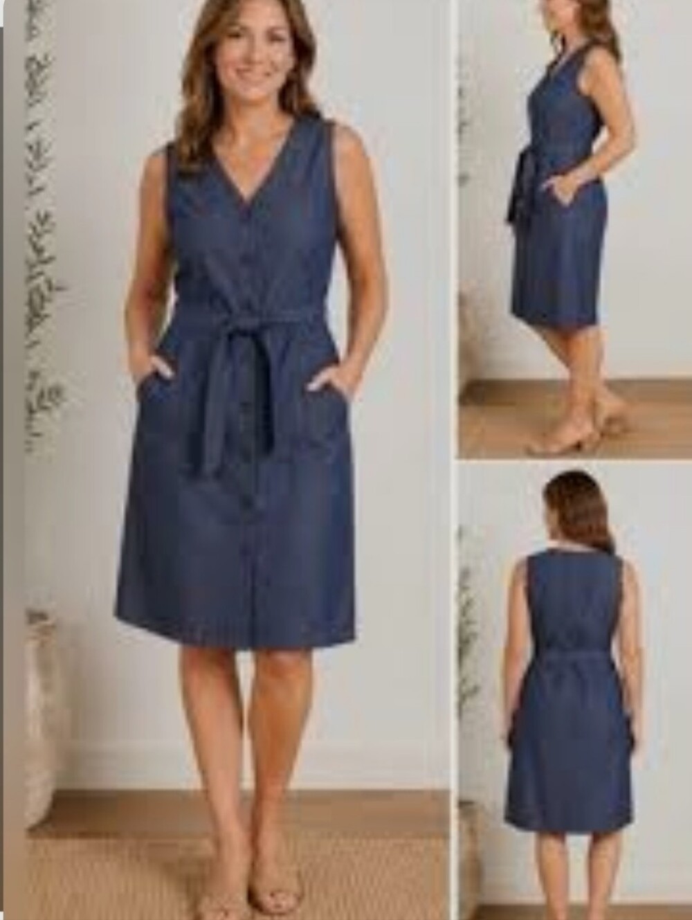 Liz Claiborne Denim Button Front Belted Midi Dress Sleeveless V-Neck